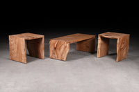 Hardwood coffee tables and hardwood end table sets - Custom made live natural edge coffee table and end table in Elm with waterfall edge matching legs. Design and handmade furniture by Urban Lumber Co.